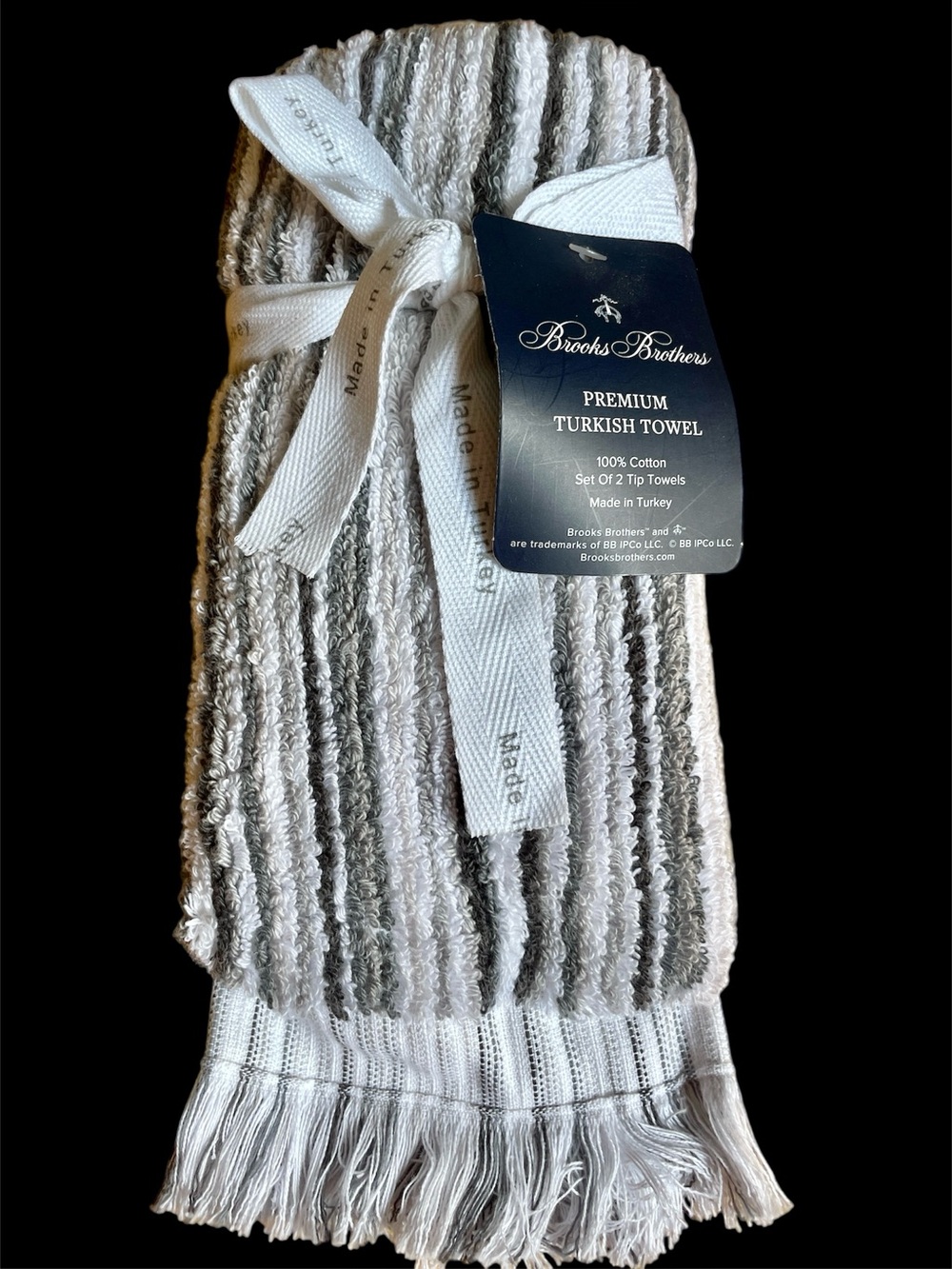 🛁Brooks Brothers Gray & White Striped Cotton Turkish Tip Towels ..NWT